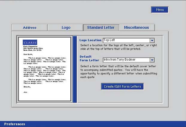 Preferences Standard Letter Page