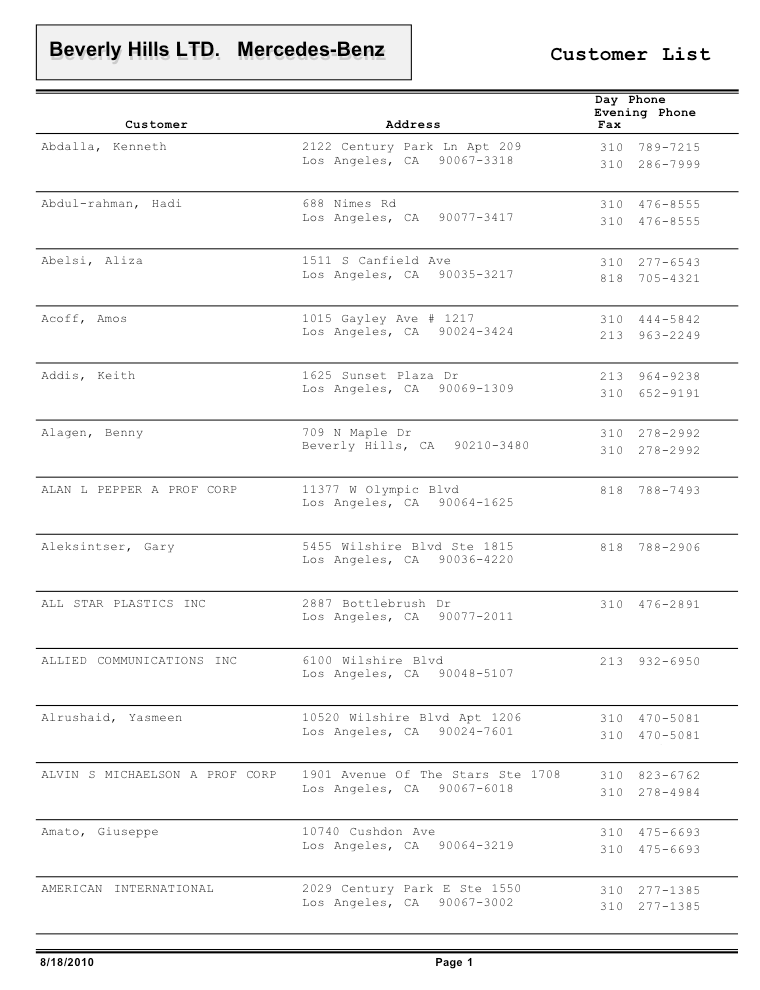 Customer List Print Out