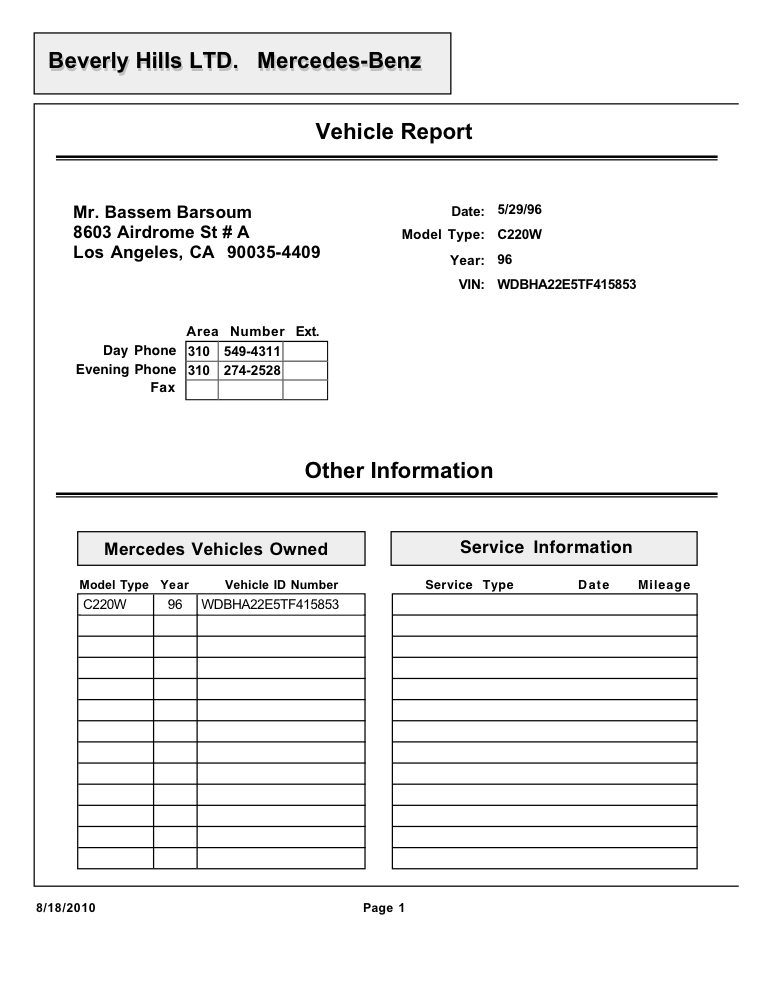 Ownership Vehicle Report Print Out