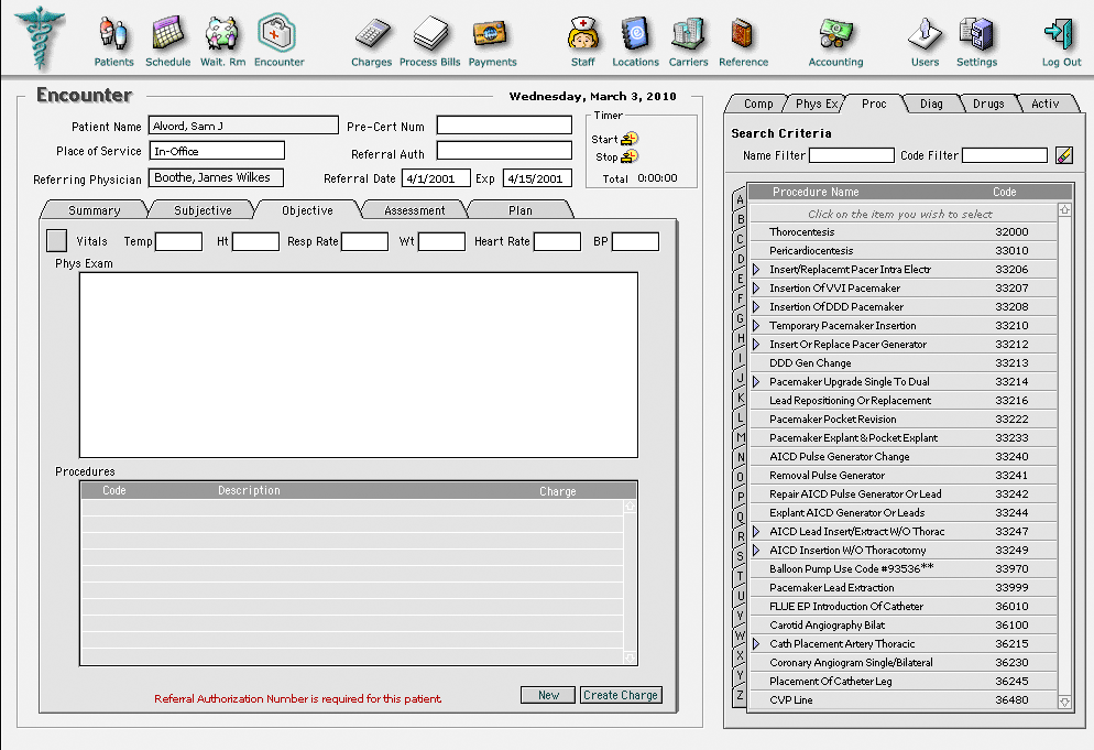 Encounter Objective Summary and Procedure Codes