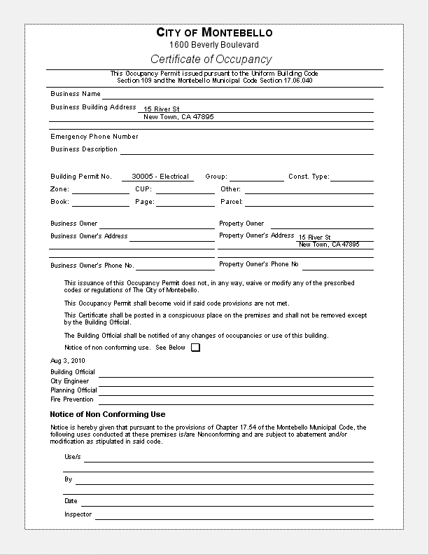 Permit Printed Certificate Of Occupancy