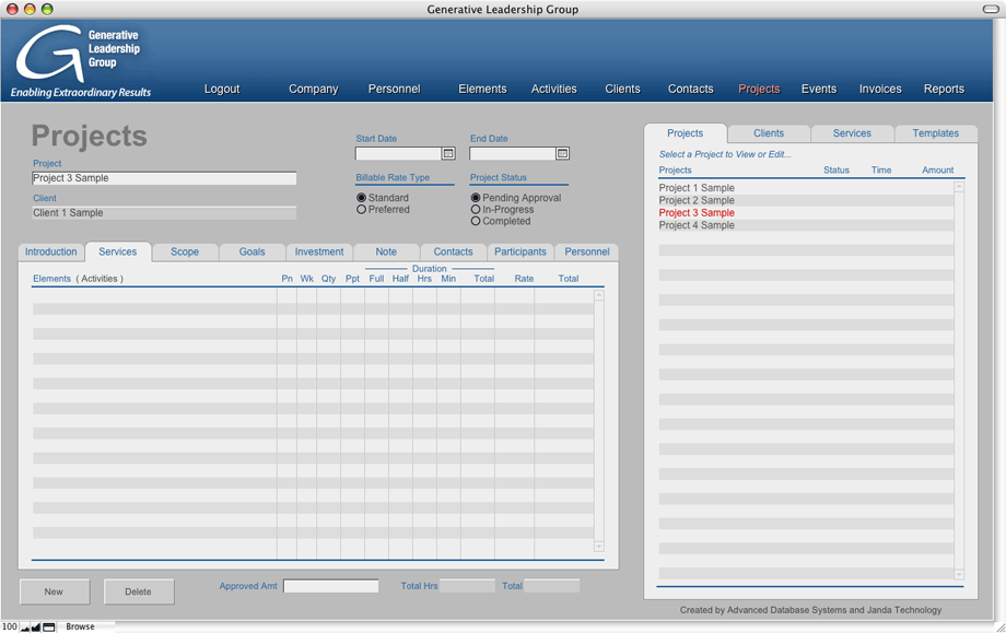 Projects Services Screen
