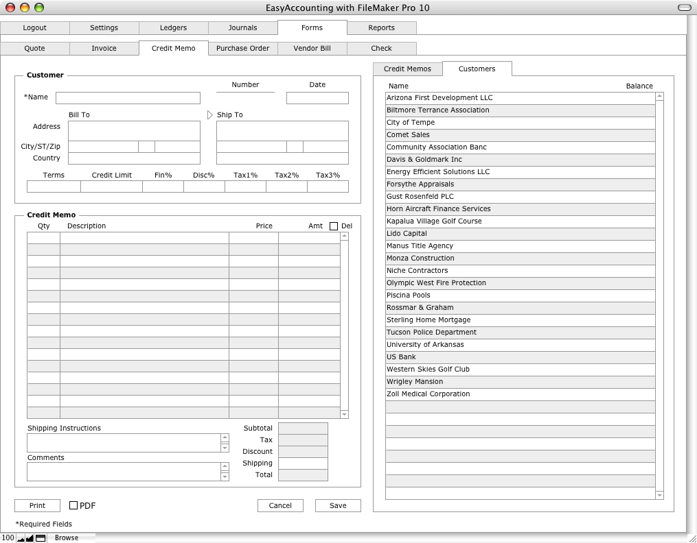 Credit Memo Form and Customer List