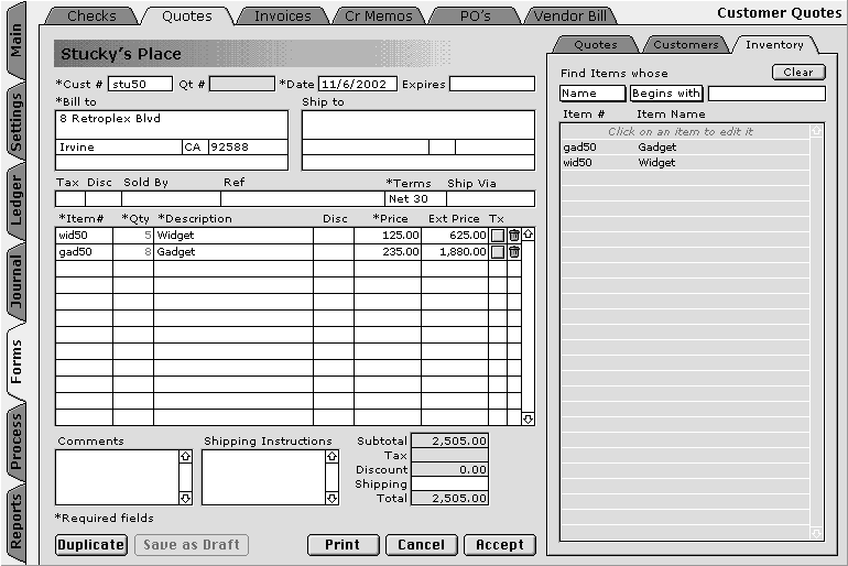 Quote Form and Inventory List