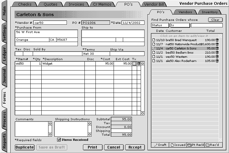 Purchase Order Form and List