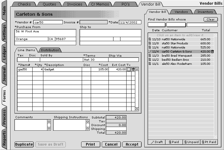 Vendor Bill Form and List