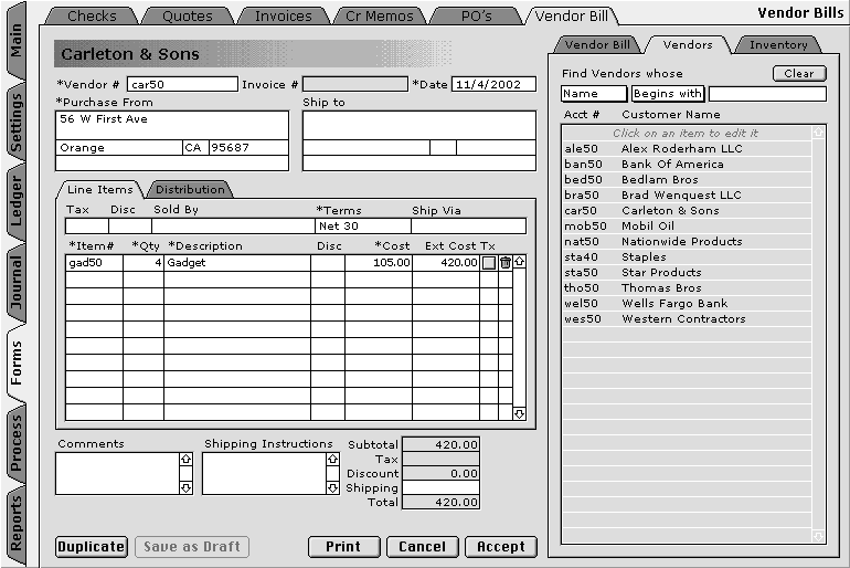 Vendor Bill Form and Vendor List