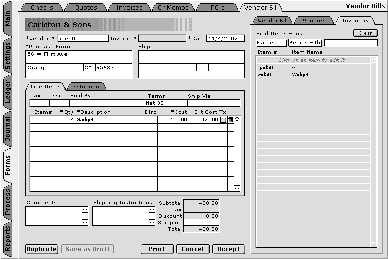 Vendor Bill Form and Inventory List