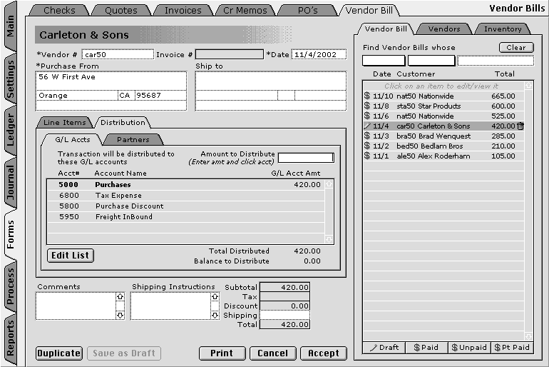 Vendor Bill with General Ledger Account Distribution and Vendor Bill List